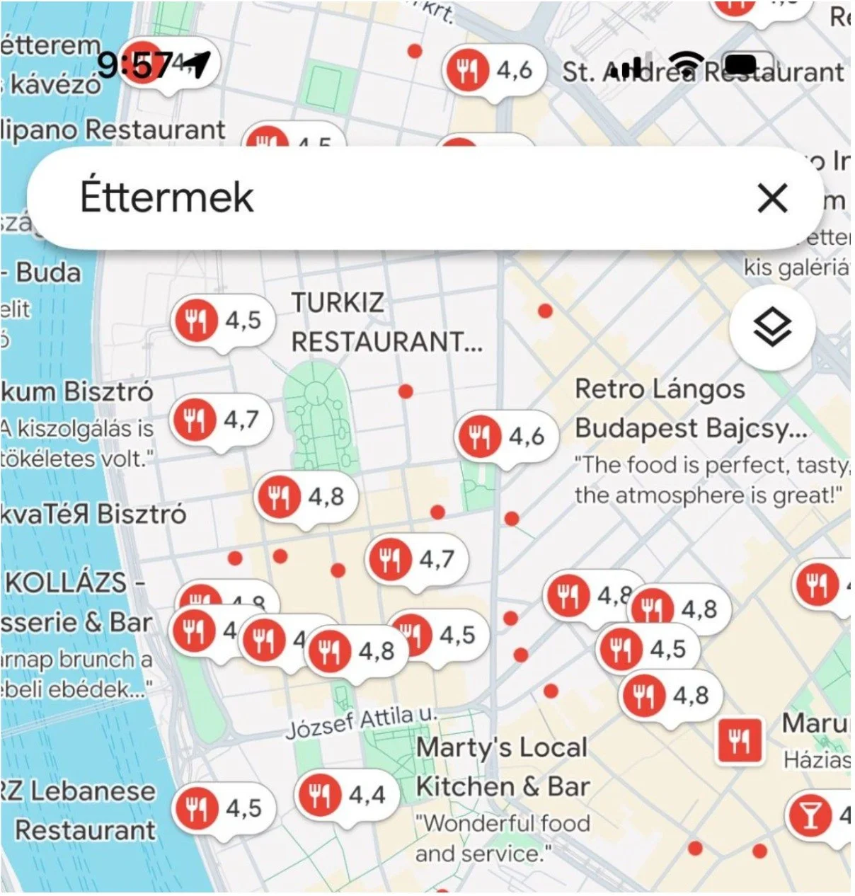 Google Maps restaurant ratings in Budapest